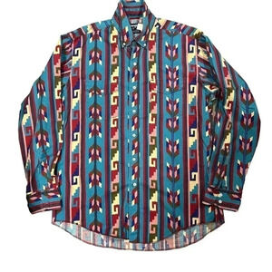 Wrangler Vintage 90’s Brush Popper Button Up Long Sleeve Pink Turquoise Blue EUC
